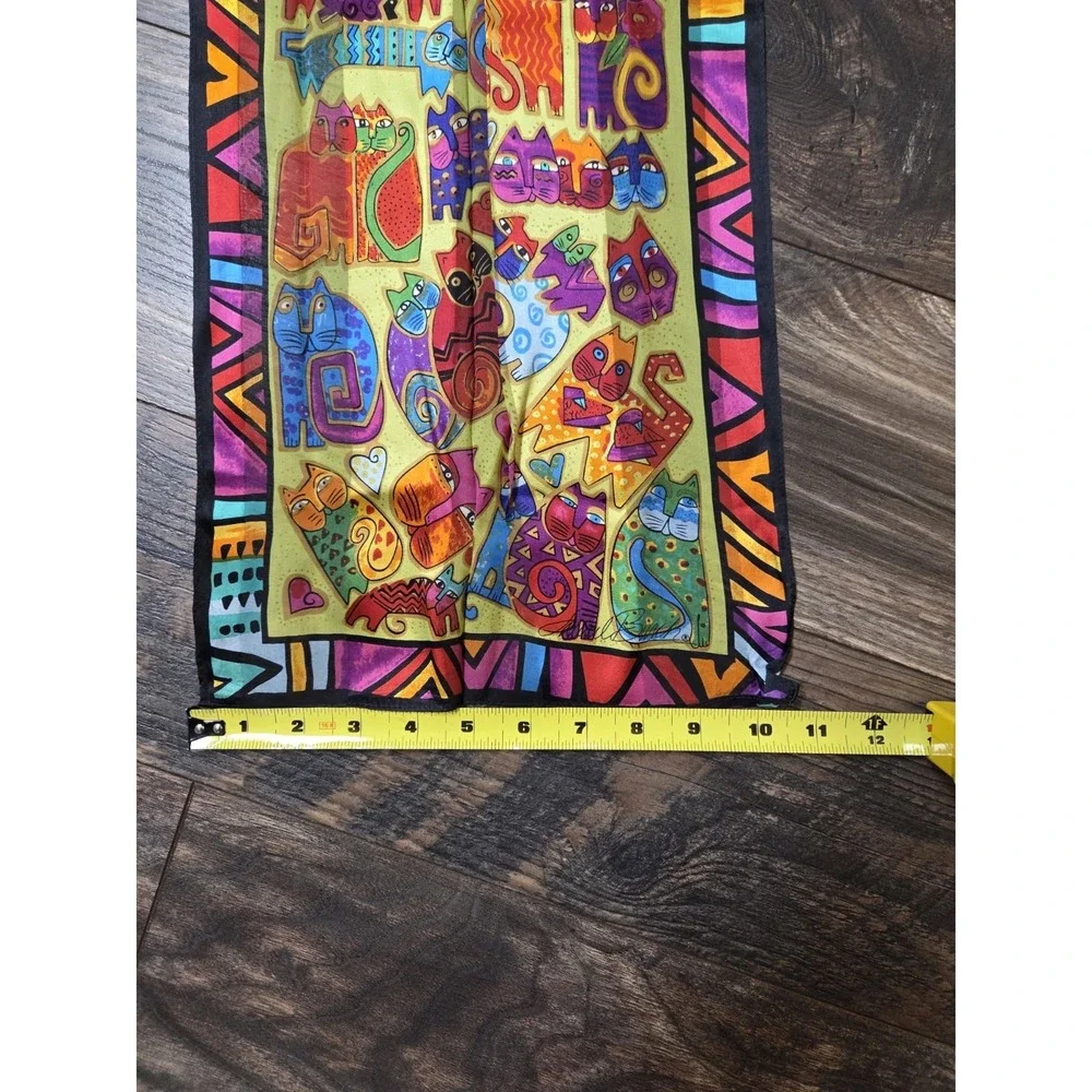Laurel Burch Silk Colorful Felines Cat Silk Scarf Rectangle Vintage - Picture 5 of 5